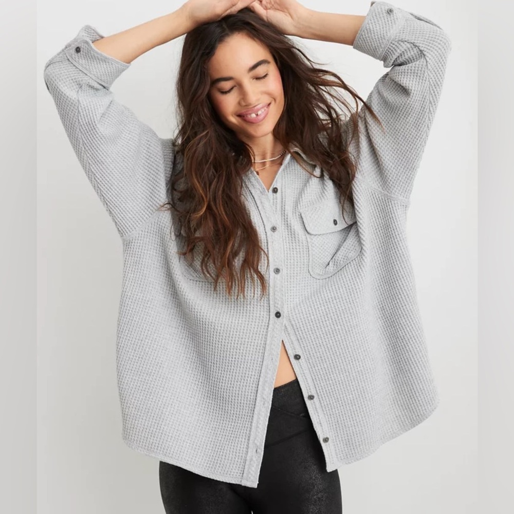 Aerie LumberJane Waffle Shirt in medium heather gray size XXS